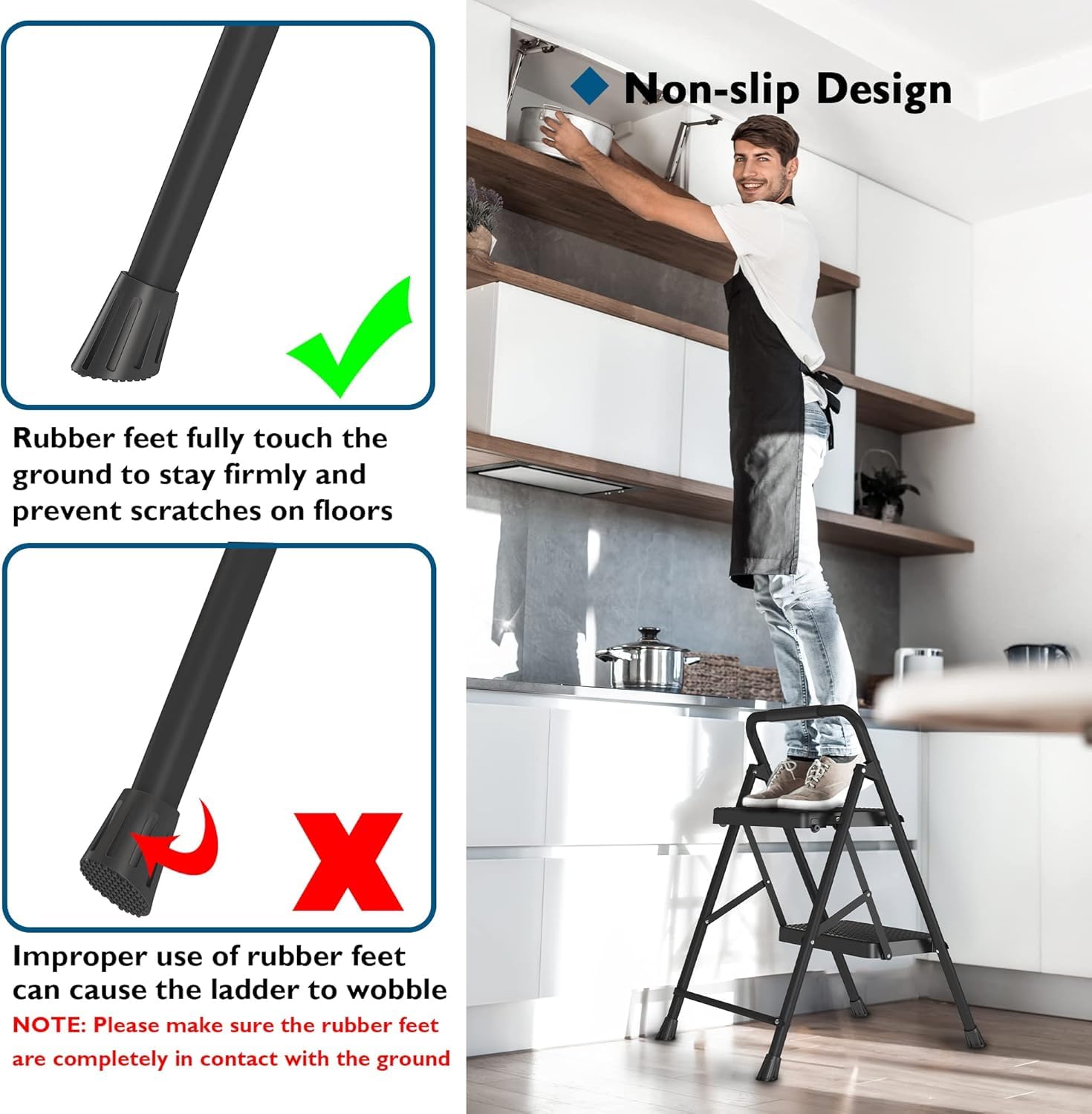 BONTEC 4 Step Ladder Folding, Heavy Duty Foldable Step Stool with Wide Anti-Slip Pedals, Sponge Handrail and Tool Tray, Portable Household Ladder 150kg Capacity, Compact Collapsible Indoor Ladder