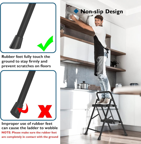 BONTEC 2 Step Ladder, Capacity 150KG with Wide Anti-Slip Pedals, Folding Steel Step Stool, Sponge Handlebar, Lightweight Portable Ladder Suitable for Home, Kitchen, Pantry, Indoor/Outdoor Use, Black