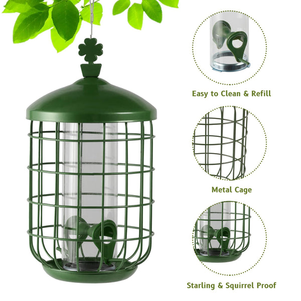 MIXXIDEA Metal Bird Feeders for Outdoors Hanging, Caged Tube Bird Feeder for Small Backyard Birds, Squirrel Proof Wild Bird Seed Feeders, Attracting Birds in Your Lawn, Garden,Green