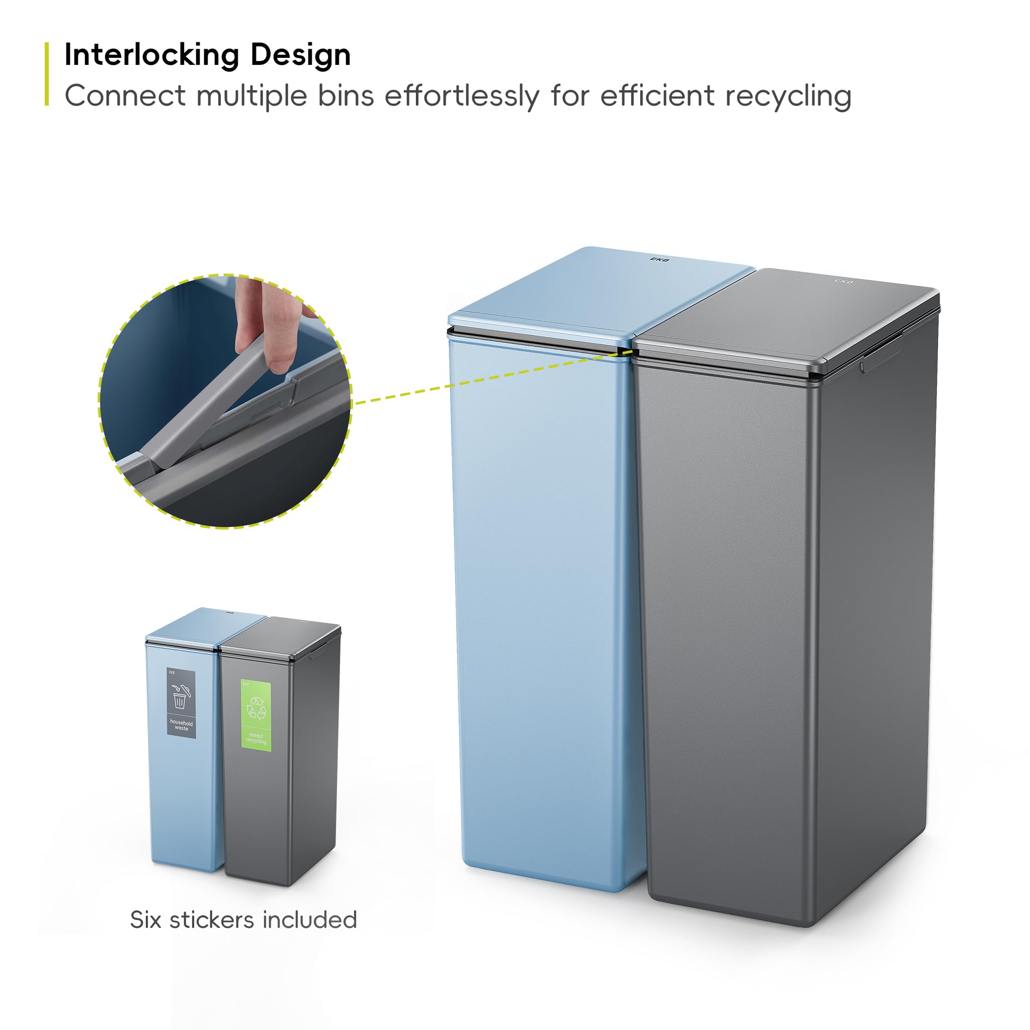 EKO Morandi Kitchen Bin, Touch Recycling Bin, Perfect for Kitchen & Home, Titanium Blue Plastic Bin, 40 Litre