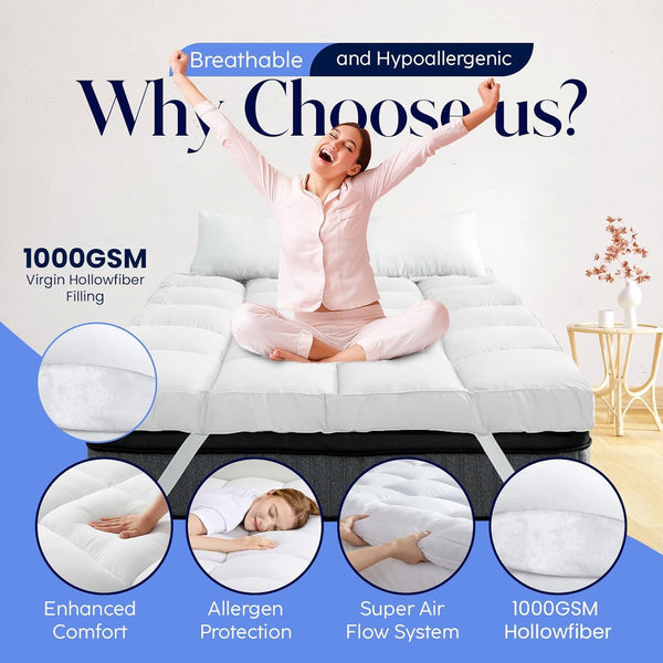 Mattress Topper Double Bed - 10CM Extra Thick Double Mattress Topper - 1000GSM Filling Fiber - Luxurious Comfort, Hypoallergenic, Elastic Straps Deep Pocket Thick