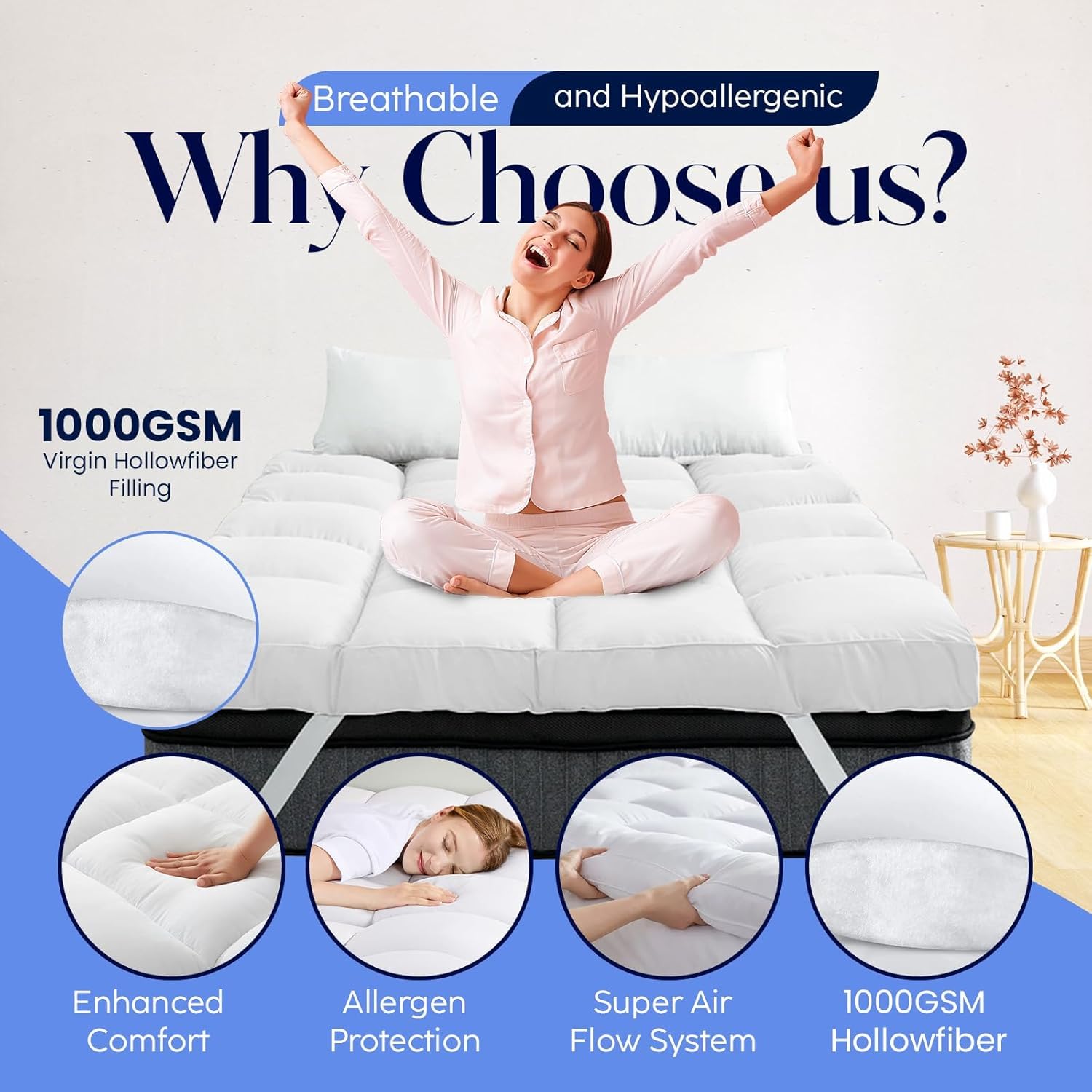 Mattress Topper Double Bed - 10CM Extra Thick Double Mattress Topper - 1000GSM Filling Fiber - Luxurious Comfort, Hypoallergenic, Elastic Straps Deep Pocket Thick