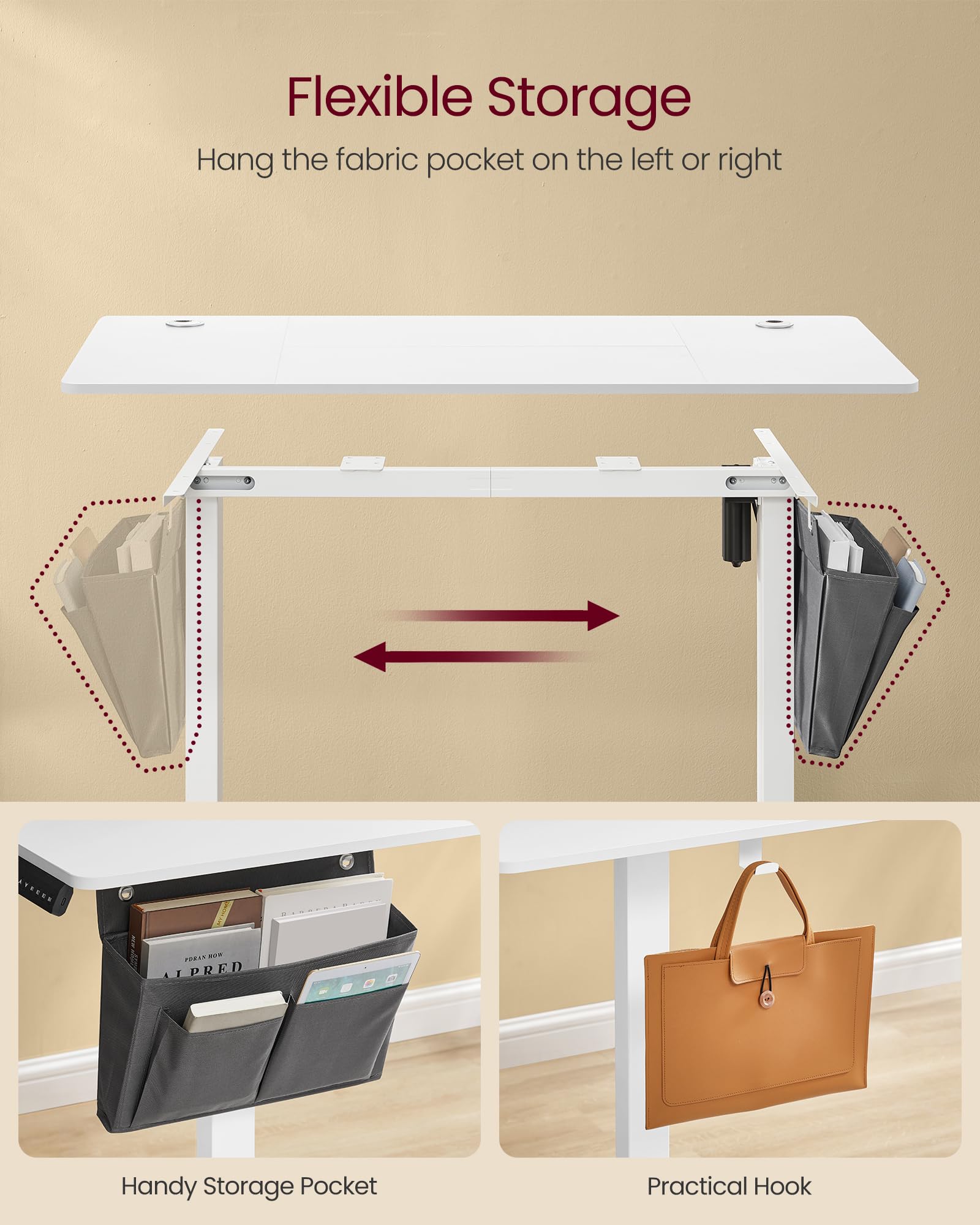 VASAGLE Electric Standing Desk, Height Adjustable Desk, 60 x 140 x (72-120) cm, 4 Memory Heights, Storage Pocket, for Home Office, Study, Rustic Brown and Ink Black LSD134K02