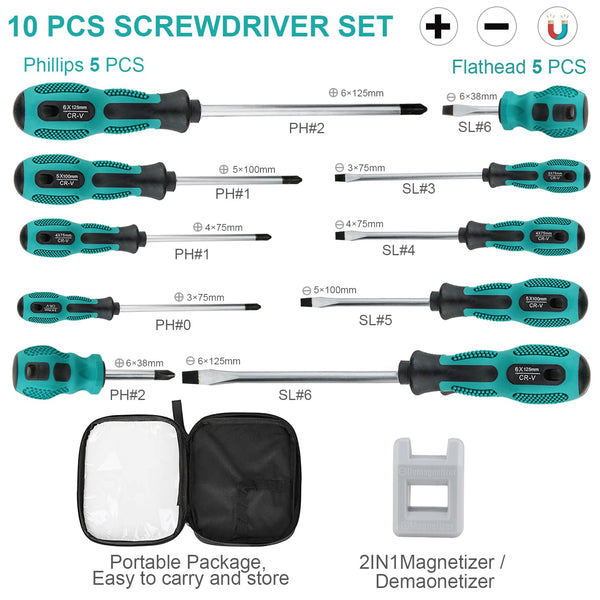 Screwdriver Set 10pcs, Magnetic Screwdriver Set 5pcs Phillips Screwdrivers and 5pcs Slotted/Flat Head Screwdrivers, Chrome Vanadium Steel Made