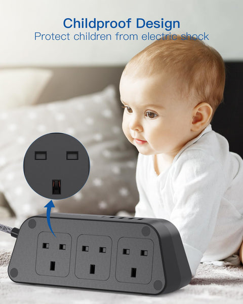 Black Extension Lead with USB Slots，6 Way Outlets 5 USB(5A, 1 USB- C and 4 USB-A Port) with 1.6M Braided Extension cord, 3250W Overload Protection，Security Surge Protection Plug Extension Socket