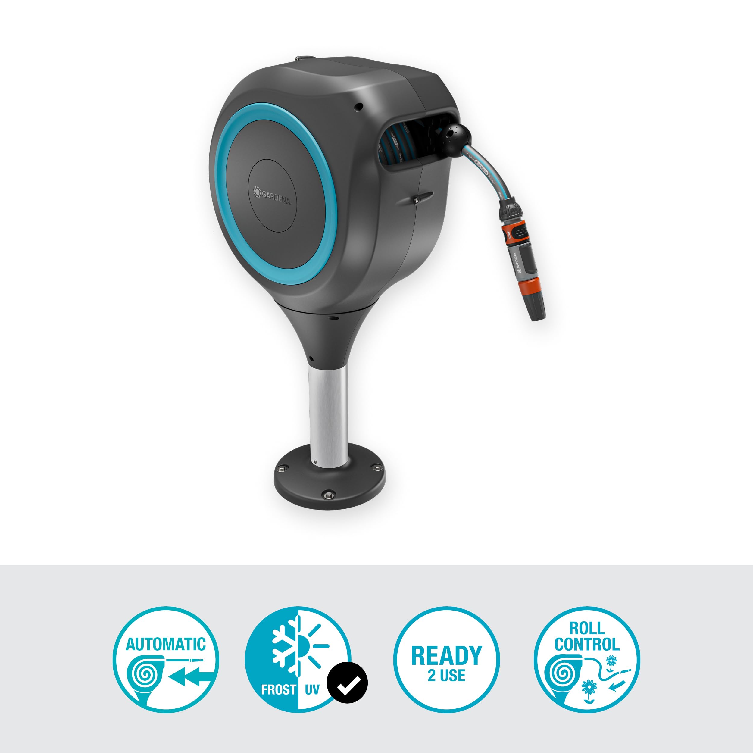 Gardena Patio Hose Box Rollup S: Weatherproof Box with roll-up Technology and 15m Hose, Irrigation of Small Gardens with Patio, Automatic retraction,