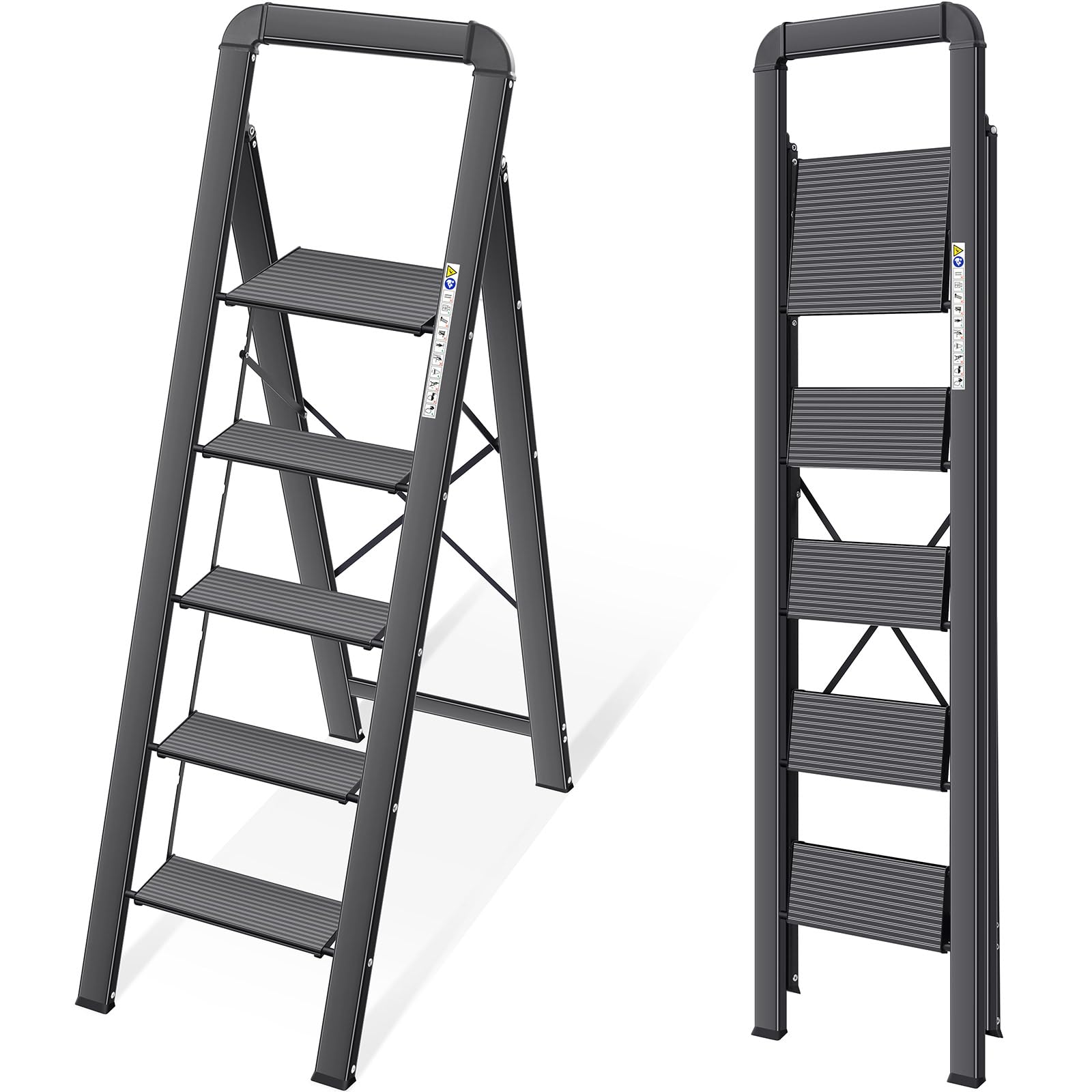 KINGRACK 2 Step Ladder with Handrail, Non-Slip Household Ladder with Folding Safety, Aluminium Folding Step Stool, Maximum Load 150 kg, Black