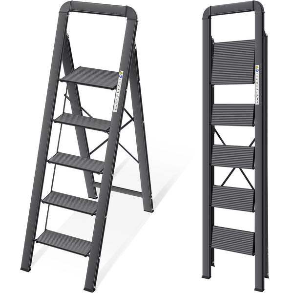 KINGRACK 2 Step Ladder with Handrail, Non-Slip Household Ladder with Folding Safety, Aluminium Folding Step Stool, Maximum Load 150 kg, Black