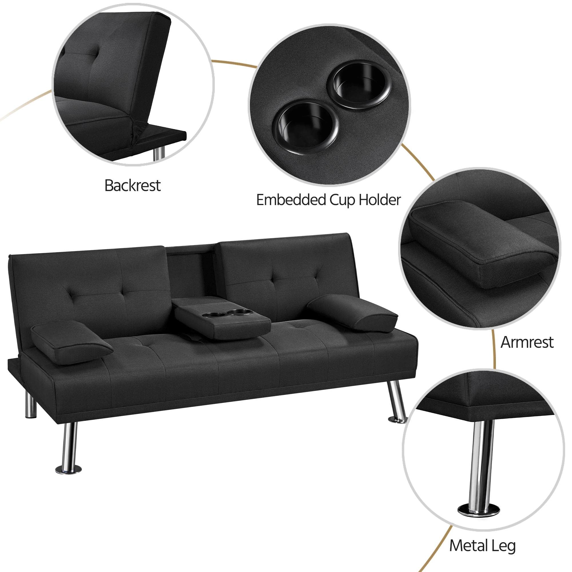 Yaheetech Sofa Bed Fabric Click Clack Sofa Bed with 2 Cup Holders, Convertible Futon Settee, Futon Recliner Lounge for Living Room, Spare Room, Bedroom, Black