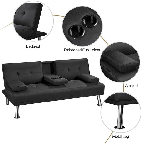 Yaheetech Sofa Bed Fabric Click Clack Sofa Bed with 2 Cup Holders, Convertible Futon Settee, Futon Recliner Lounge for Living Room, Spare Room, Bedroom, Black