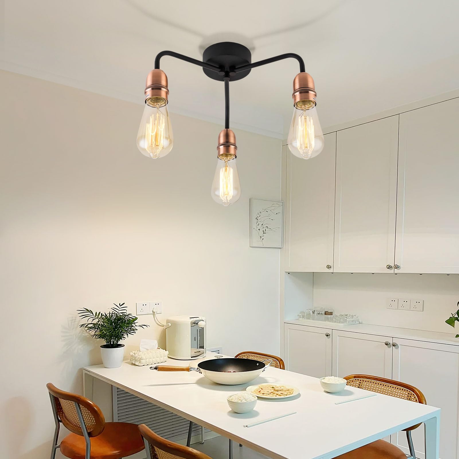 HARPER LIVING 3-Light Chandeliers Ceiling Lights, E27/ES Semi Flush Ceiling Lights Black with Copper Finish, 3x40W Vintage Ceiling Lamp for Living