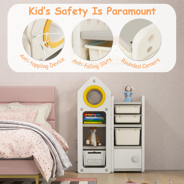 COSTWAY Kids Storage Units, Children Toy Organizer with Plastic Bins, Pull-Out Drawers and Door Cabinet, Toddler Storage Chest for Nursery Playroom Bedroom (Car Shape, 112 x 35 x 66cm)