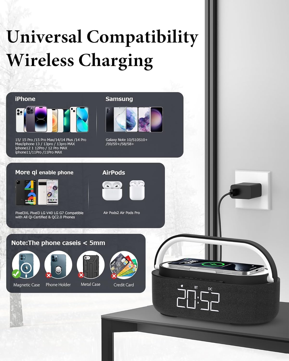 COLSUR Radio Alarm Clock Bluetooth Speaker, 15W Wireless Charger Alarm Clocks Bedside, Night Light, Loud Volume for Heavy Sleepers, Snooze, Dimmable LED Display, 2500mAh Battery