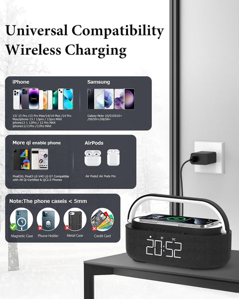 COLSUR Radio Alarm Clock Bluetooth Speaker, 15W Wireless Charger Alarm Clocks Bedside, Night Light, Loud Volume for Heavy Sleepers, Snooze, Dimmable LED Display, 2500mAh Battery