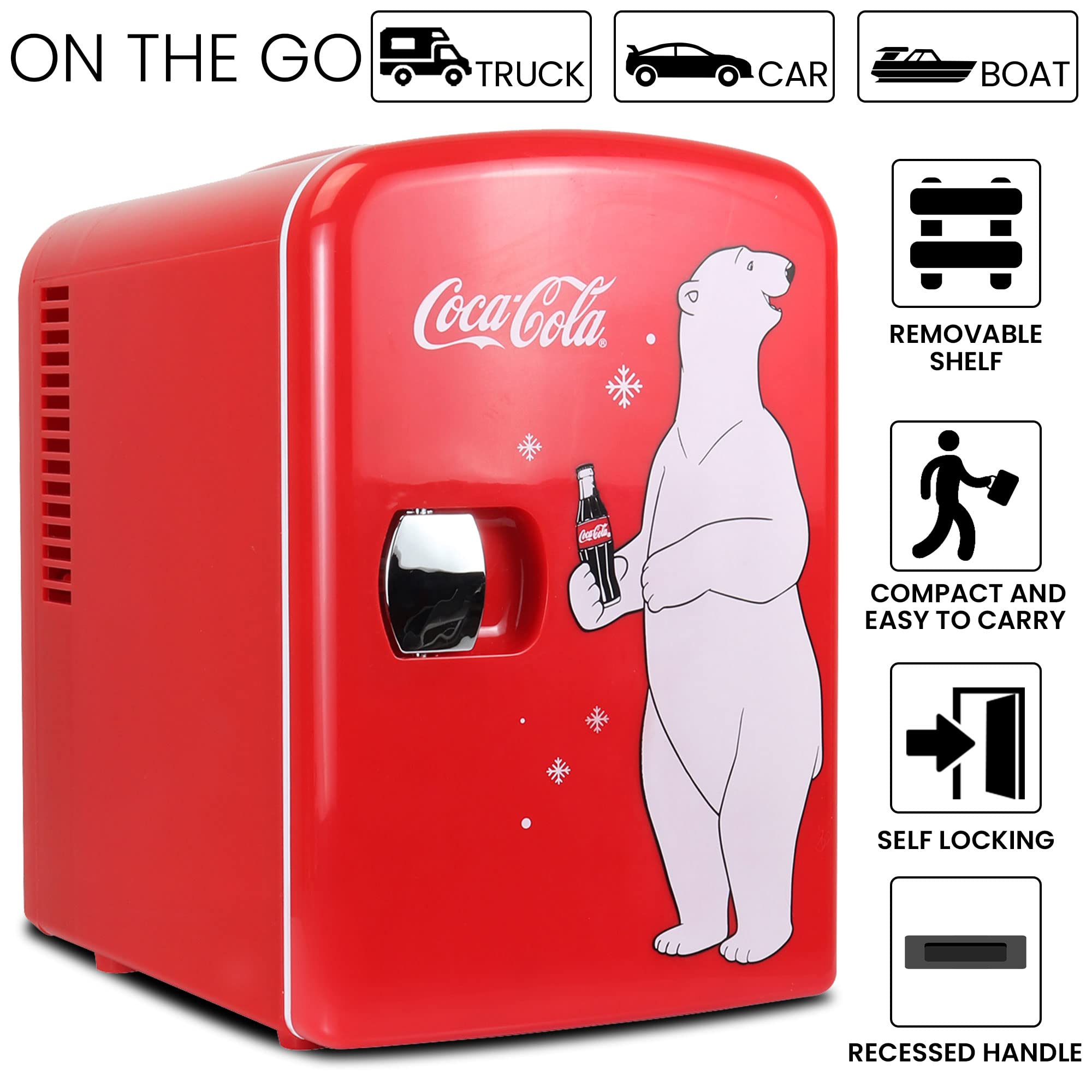 Coca Cola Polar Mini Fridge - Refrigerator for Bedroom Skincare Office, Portable Table Top Beverage Cooler, 12V DC/220V AC Refrigerador For Drinks, Soda, Wine, Use In Car, Dorm, Patio, 6 Can