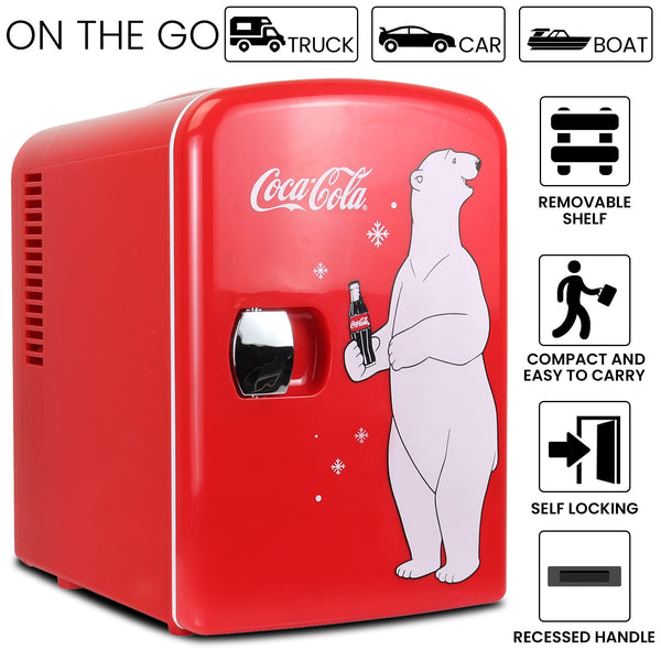 Coca Cola Polar Mini Fridge - Refrigerator for Bedroom Skincare Office, Portable Table Top Beverage Cooler, 12V DC/220V AC Refrigerador For Drinks, Soda, Wine, Use In Car, Dorm, Patio, 6 Can