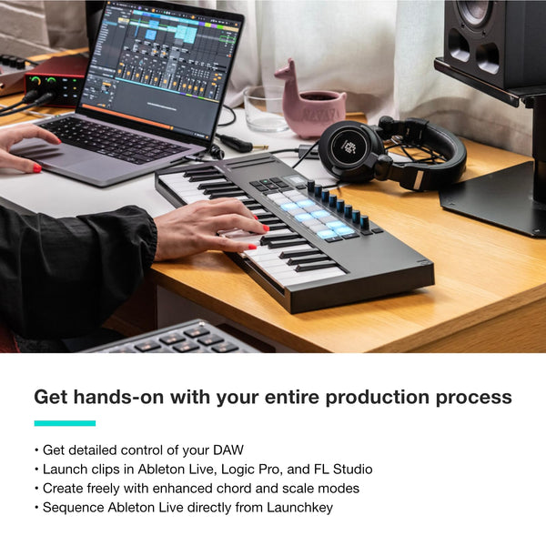 Novation Launchkey Mini 25 [MK4] — Portable 25 Mini-Key, USB, MIDI Keyboard Controller with DAW Integration. Chord Mode, Scale Mode, Drum Pads, and Arpeggiator. Includes Music Creation Software Bundle