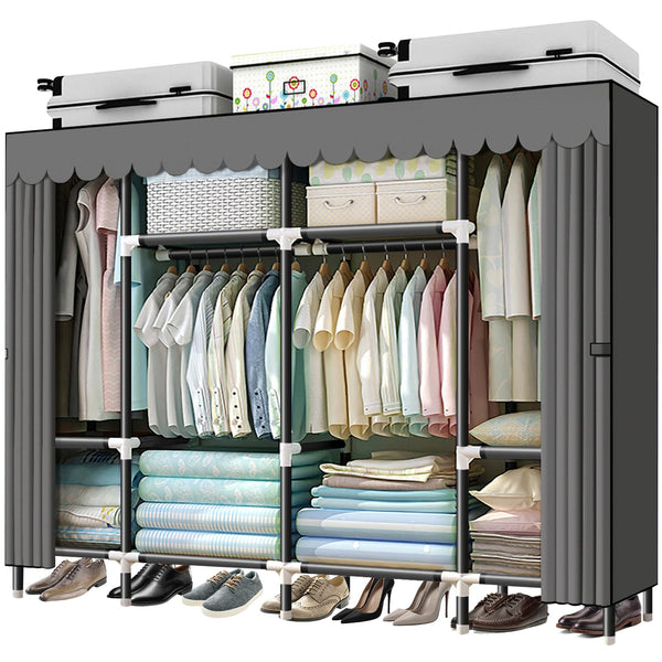 HESMENO Portable Wardrobe, Clothes Closet Storage Organizer with Hanging Rail & Shelves, Foldable Closet with Cloth Cover Quick and Easy to Assemble,