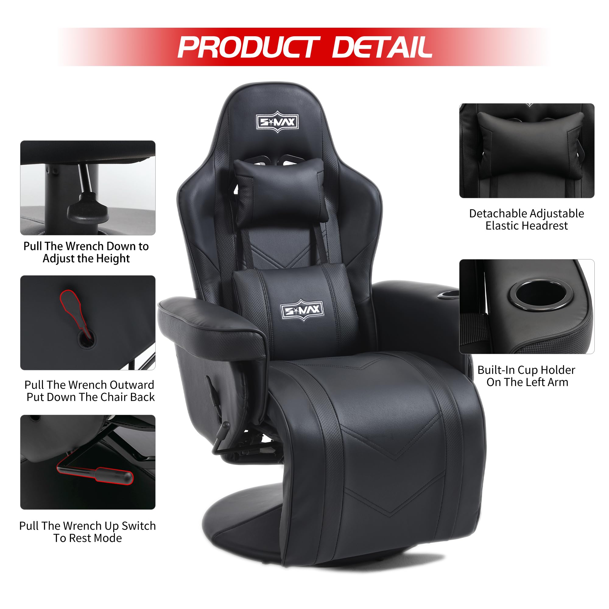 S*MAX Gaming Chair Recliner Height Adjustable Ergonomic Higher Back and Wider Lumbar Support Swivel PU Leather Gaming Chair with Footrest Cup Holder Gamer Chairs for Adults Black X Large