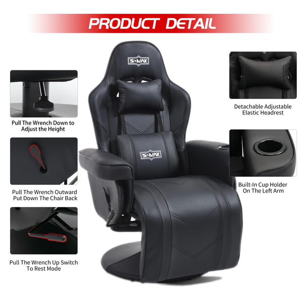 S*MAX Gaming Chair Recliner Height Adjustable Ergonomic Higher Back and Wider Lumbar Support Swivel PU Leather Gaming Chair with Footrest Cup Holder Gamer Chairs for Adults Black X Large