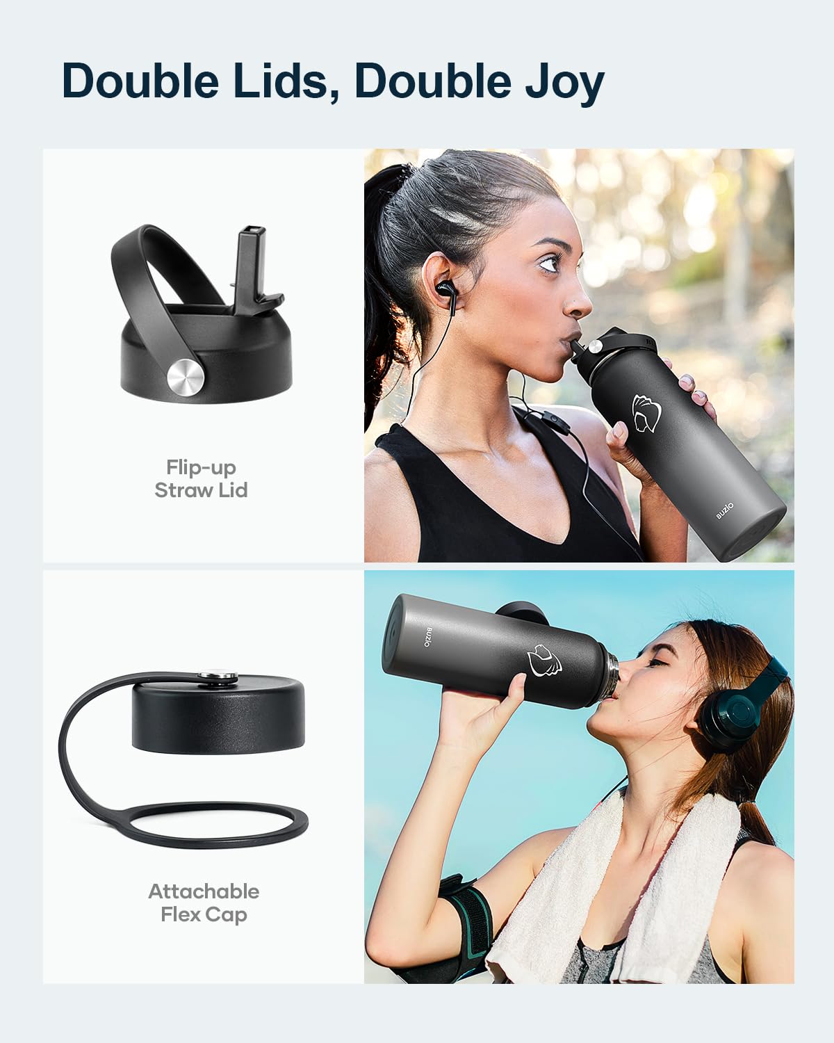 Stainless Steel Water Bottle 2L, BUZIO Vacuum Insulated Water Bottle with Straw Lid and Flex Cap Cold for 48 Hrs, Hot for 24 Hrs Double Wall Wide Mouth BPA Free Leak Proof, Black