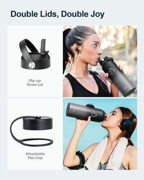 Stainless Steel Water Bottle 2L, BUZIO Vacuum Insulated Water Bottle with Straw Lid and Flex Cap Cold for 48 Hrs, Hot for 24 Hrs Double Wall Wide Mouth BPA Free Leak Proof, Black