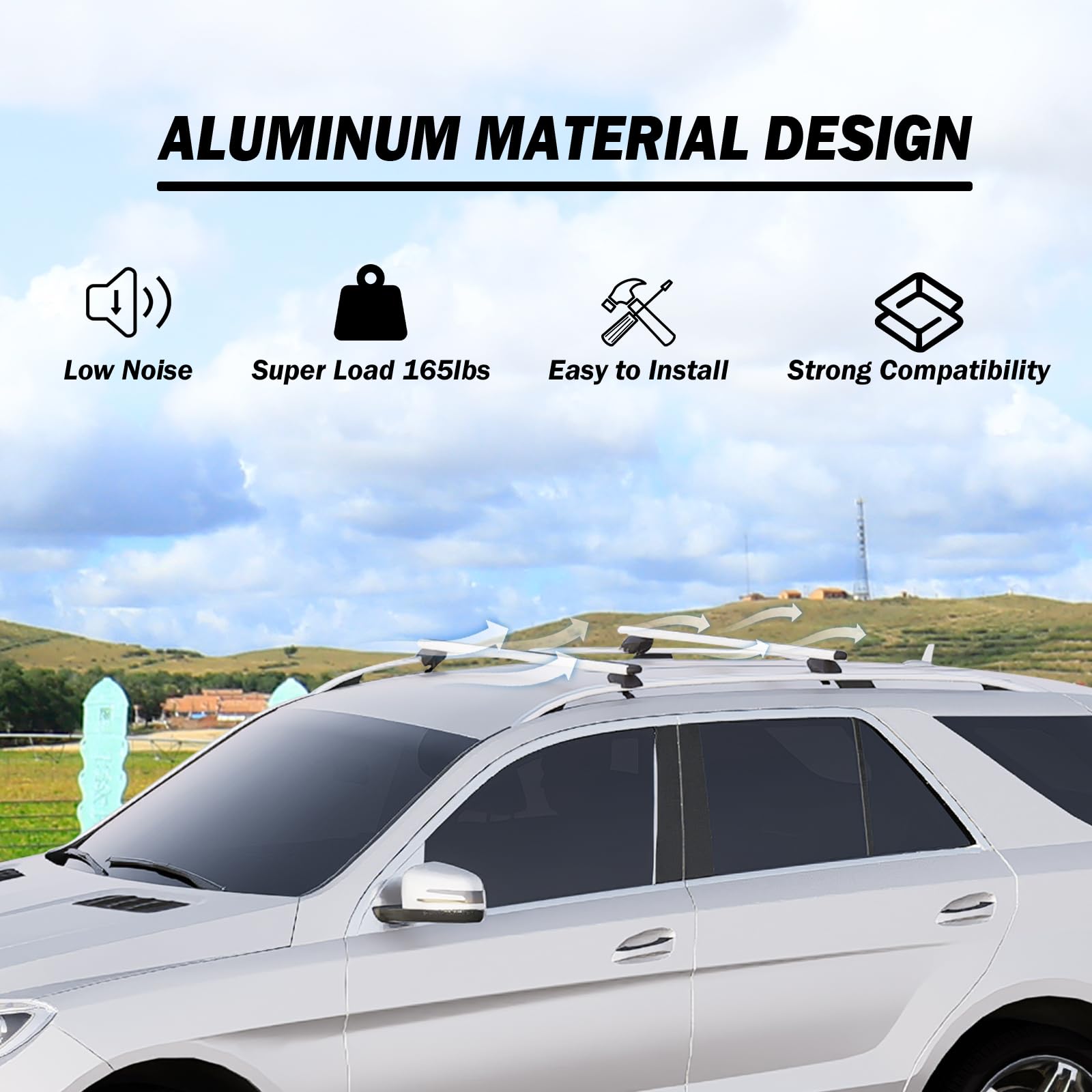 COWVIE 135cm Roof Rack Cross Bars, Adjustable Aluminum Roof Bars, Fits Most Existing Raised Side Rails with Gap - White