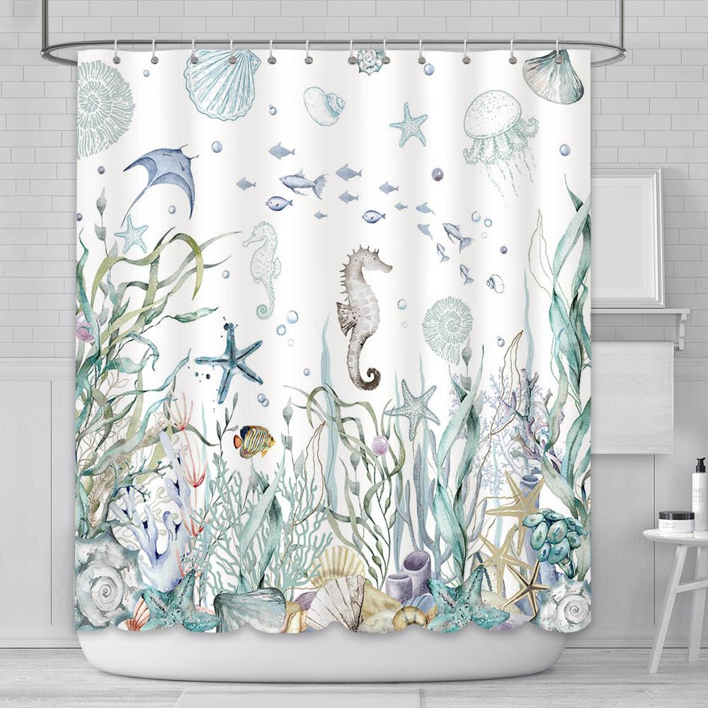 AIBIIN 180x180cm Ocean Shower Curtain Under The Sea Theme Starfish Seashells Decor pattern for Bathroom Waterproof Durable Polyester Material With 12