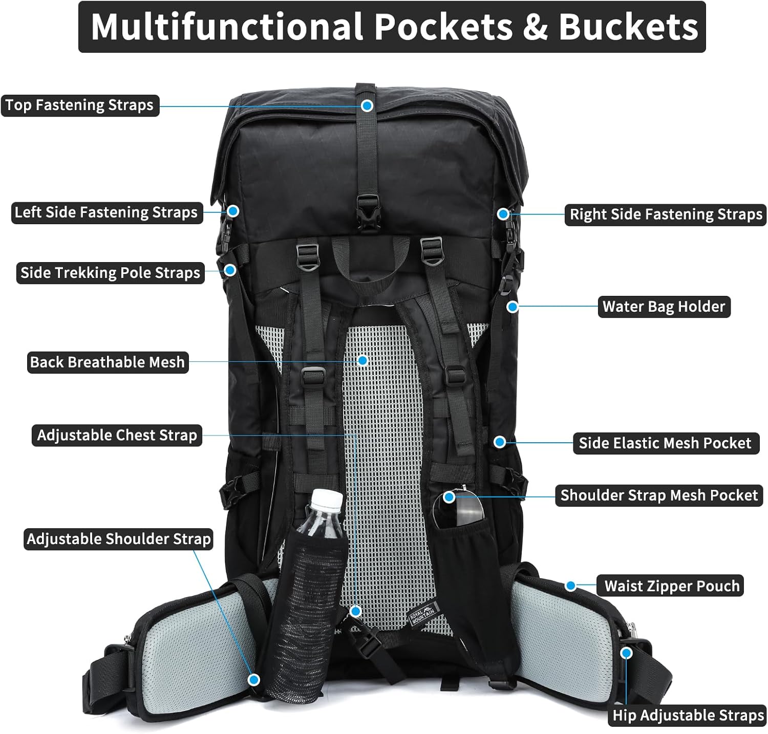 POWER KING 40L Expandable TO 50L Hiking Backpack,Upgraded X-PAC Scratch-proof Lightweight Large Rucksack for Mens Women, Outdoor Roll Top Camping Packsack, Fit for 15.6'' Laptop