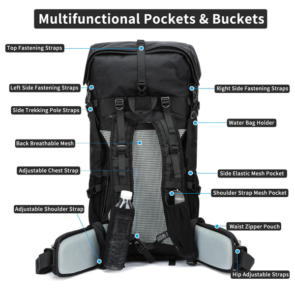 POWER KING 40L Expandable TO 50L Hiking Backpack,Upgraded X-PAC Scratch-proof Lightweight Large Rucksack for Mens Women, Outdoor Roll Top Camping Packsack, Fit for 15.6'' Laptop