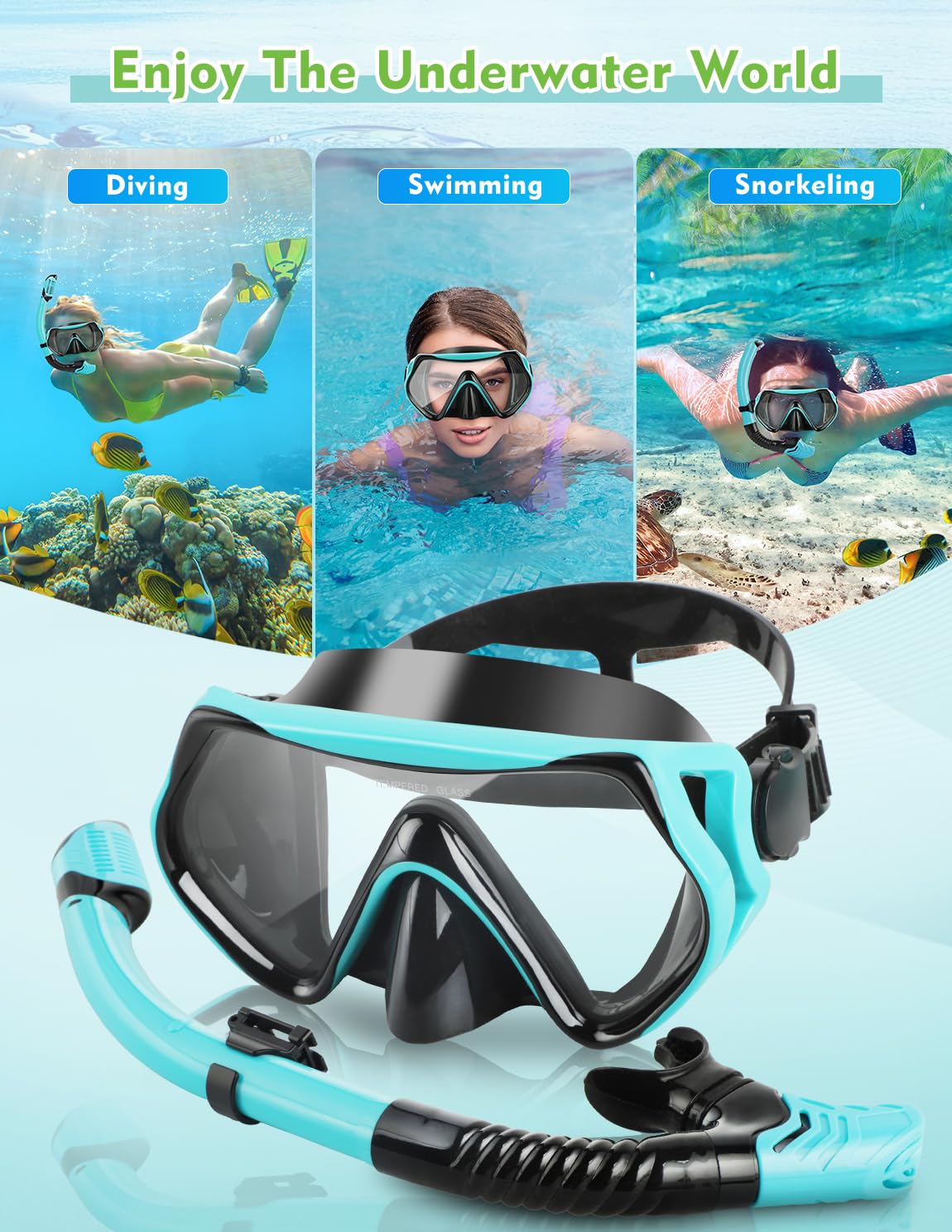 Hydomi Snorkel Set Adults 180° Panoramic Anti-Fog Snorkel Mask with Dry Top Valve, Leak-Proof Tempered Glass Diving Set for Swimming Snorkeling, Travel-Friendly Kit with Adjustable Straps