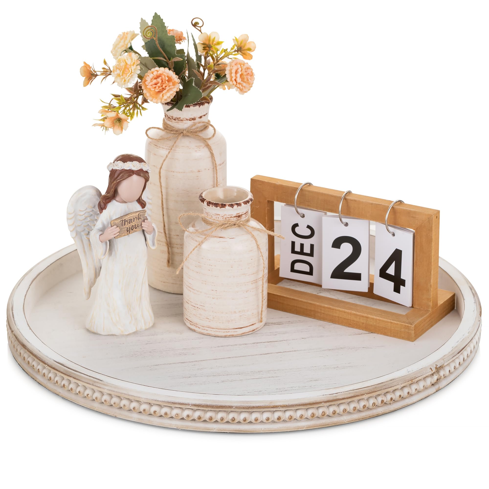 Hanobe Large Round Decorative Tray: 45cm White Coffee Table Beaded Tray Circle Rustic Big Wood Trays Decor Farmhouse Ottoman Vintage Centerpiece