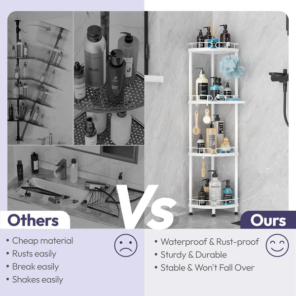 SWTYMIKI Corner Shower Caddy Standing - 4 Tier Stainless Steel Shower Organizer Stand with 4 Hooks & Soap Holder, Rustproof Metal Standing Tall Floor