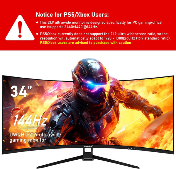 Gawfolk 34 Inch Ultrawide Curved 144Hz Gaming Computer Monitor 1500R PC Screen 21:9 UWQHD (3440x1440),Adaptive Sync,178° Viewing Angle,Display Port、HDMI 2.0, VESA75x75MM-Black