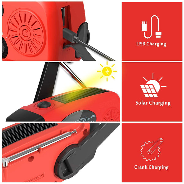 iRonsnow Solar Emergency Hand Crank Weather Radio, Portable Self Powered NOAA AM/FM Radios with SOS Alarm LED Flashlight 2000mAh Smart Phone USB Charger for Camping (Red)