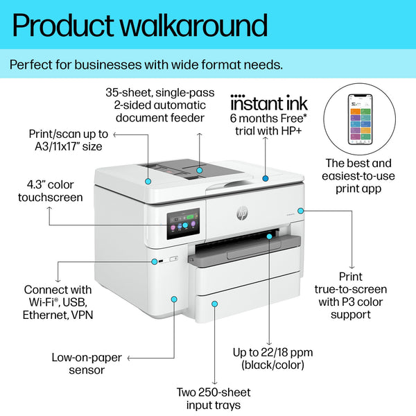 HP OfficeJet Pro 9730e All-in-One Printer | Colour | for Small Office | Wireless | Print, Scan, Copy, ADF | Up To A3 | 2 Tray | 6 months free Instant Ink limited time only