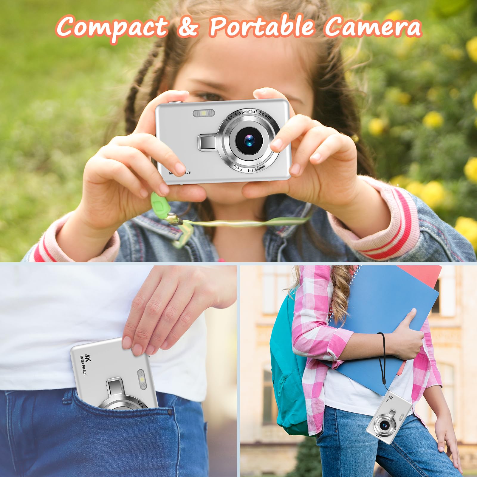 Digital Camera 1080P FHD 44MP with 2.4" LCD Screen,16X Digital Zoom, Compact Portable Vlogging Camera with 32gb SD Card for Kids Teen Students Beginner (Silver)