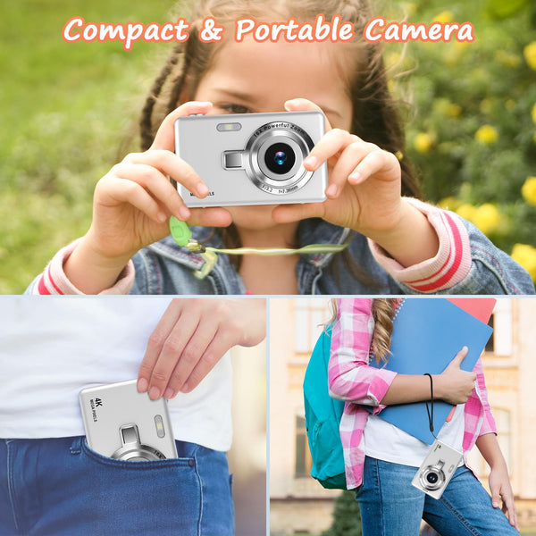 Digital Camera 1080P FHD 44MP with 2.4" LCD Screen,16X Digital Zoom, Compact Portable Vlogging Camera with 32gb SD Card for Kids Teen Students Beginner (Silver)