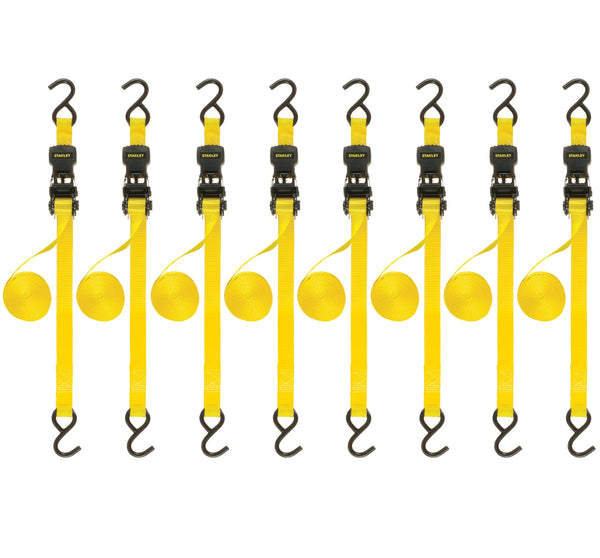 STANLEY S1007 Black/Yellow 1.5" x 16' Ratchet Tie Down Straps - 1,100 lb Safe Working Load / 3,300 lb Break Strength, 2 Pack