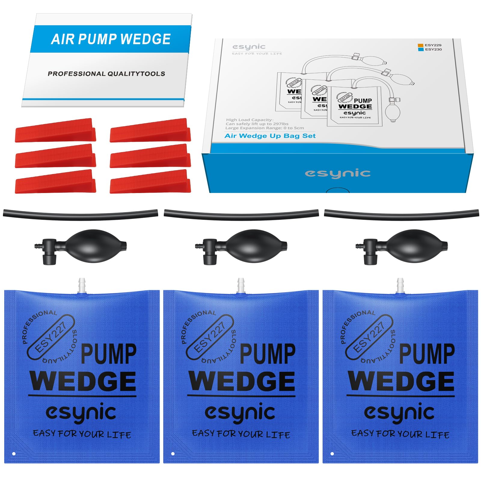 eSynic 3Pack Air Wedge Pump up Bag Inflatable Wedge Winbags Smooth TPU Air Bags for Lifting Door Air Wedge Door Lifter Pump Load-Bearing 297 Pounds/134KG with 4 Plastic Wedges-Blue