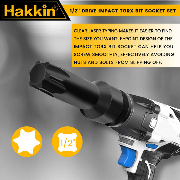 Hakkin 1/2" Impact Torx Bit Socket Set Heavy Duty Impact Star Bit Socket Set with Universal Joint T30 T40 T45 T50 T55 T60 T70 T80