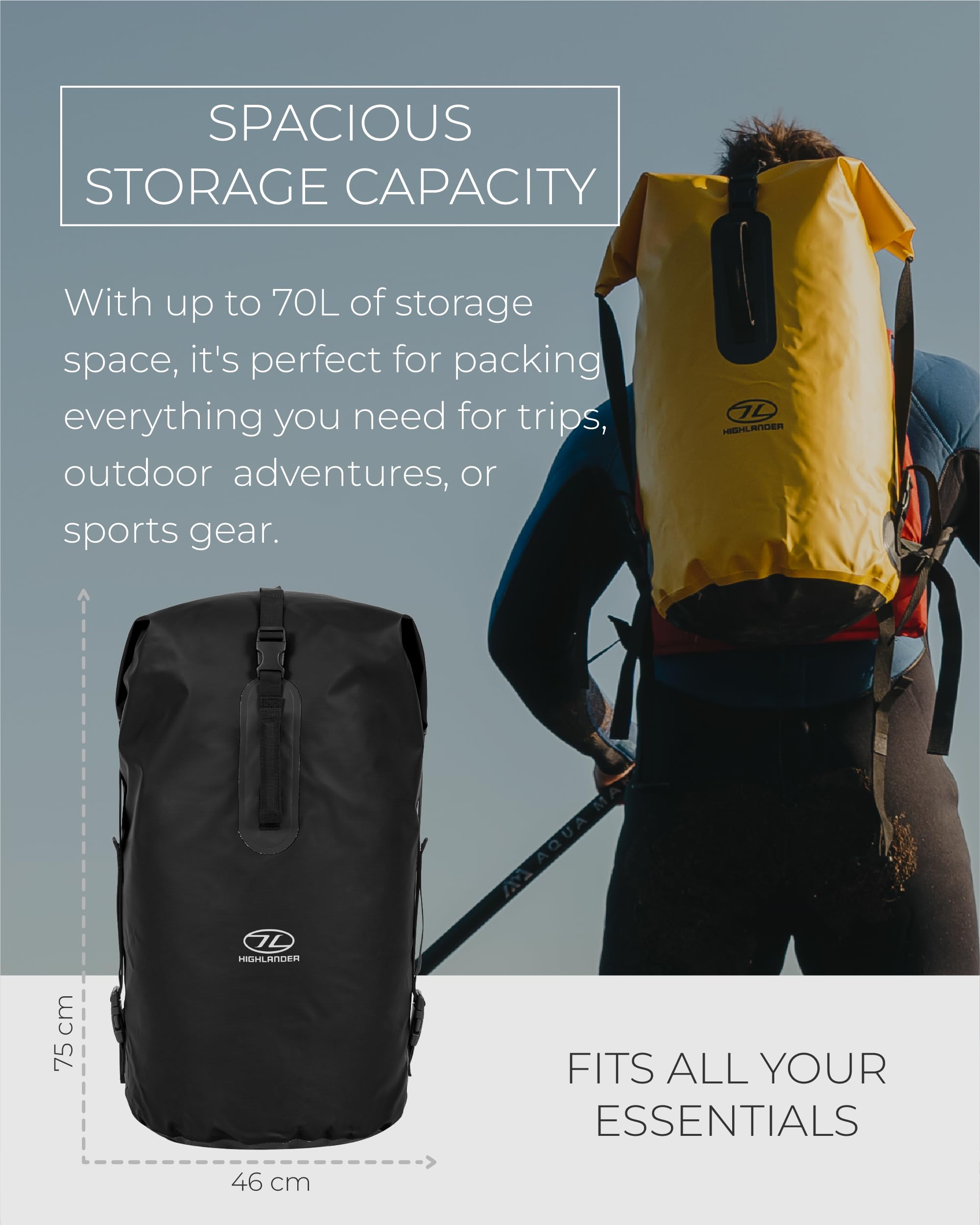 Highlander Waterproof Dry Bag 70L - Duffle Roll Top Backpack - Removable Backpack Adjustable Style Straps - Ideal for Canoeing, Fishing, Rafting,