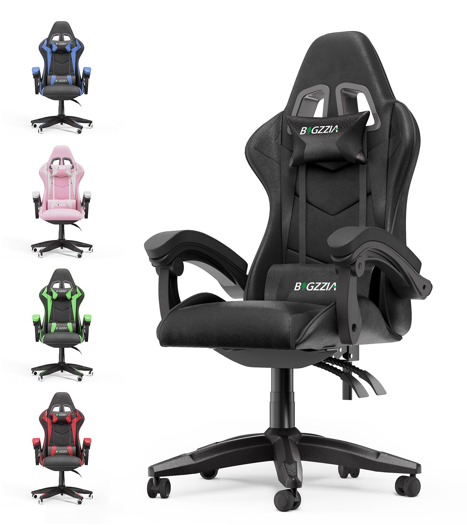 bigzzia Ergonomic Gaming Chair - Gamer Chairs with Lumbar Cushion + Headrest, Height-Adjustable Office & Computer Chair for Adults (without footrest, White)