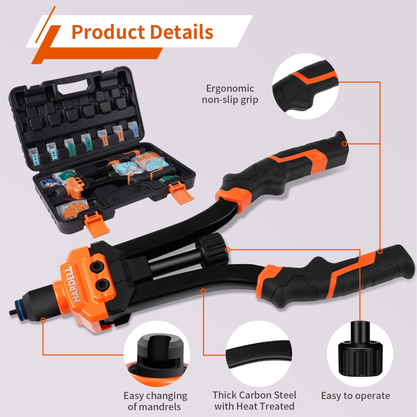 HARDELL Rivet Nut Tool, 14" Rivnut Tool with 100 Pcs Rivet Nuts and 7 Metric & Inch Mandrels M6 M8 M10, 1/4-20, 5/16-18, 3/8-16, 10-24 and Rugged Carrying Case