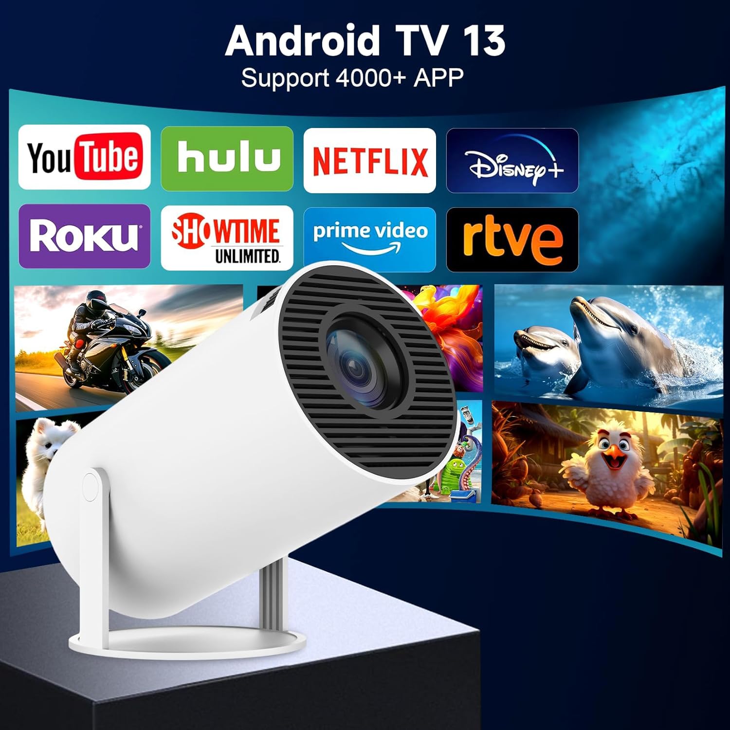 Mini Projector WiFi6 Bluetooth 5.0, 4K 1080P Support Portable Projector, Built-in App, Android 13, 200 ANSI, Auto Keystone Correction, 40"-130" Screen Video Projector for Laptop/PC/Smartphone