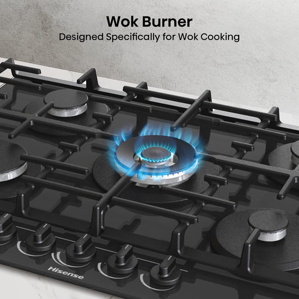 Hisense GM773XF 75cm 5 Burners Built-in Gas Hob with Easy Clean Surface, Wok Burner - Stainless steel