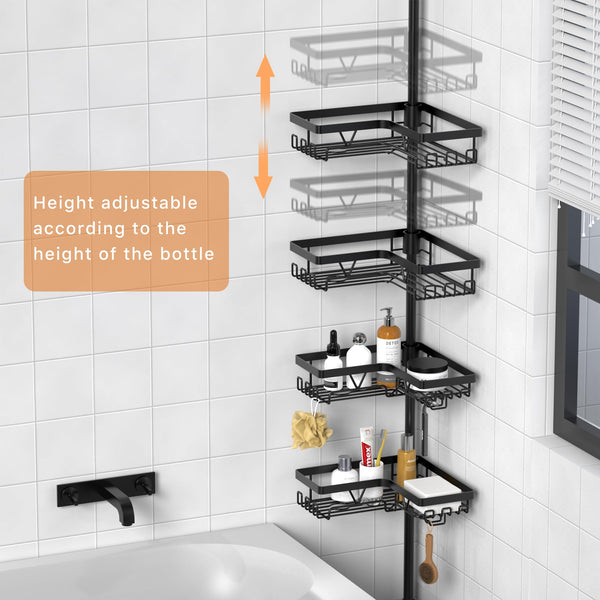 Kegii Telescopic Shower Caddy Corner - Stainless Steel Shower Shelf No Drilling Bathroom Caddy with Soap Holder and Hooks(White), On The Bath or Stand Up Shower