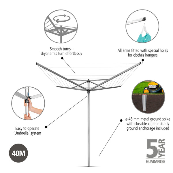 Brabantia - Topspinner - 40 Metres of Clothes Line - UV-Resistant & Non-Slip Lining - Smooth Turns - Umbrella System - Rotary Dryer with Ground Spike