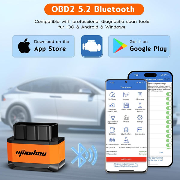 Obd2 Code Reader Obd Scanner: Wireless Bluetooth 5.2 Car Diagnostic Scanner Tool - Engine Fault Code Reader for iOS Android Windows - Car Code Reader Diagnostic Machine Tester with Full OBDII Systems