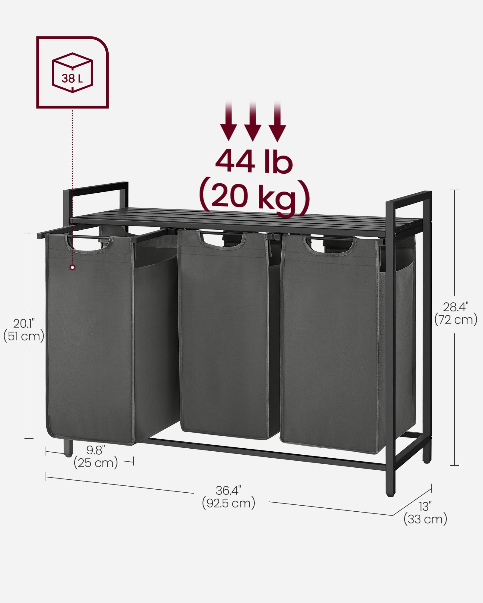 VASAGLE Laundry Basket, Laundry Hamper, Pull-Out and Removable Liner Bag, Shelf, Metal Frame, 65 L, 50 x 33 x 72 cm, Ink Black and Rustic Brown BLH101B01